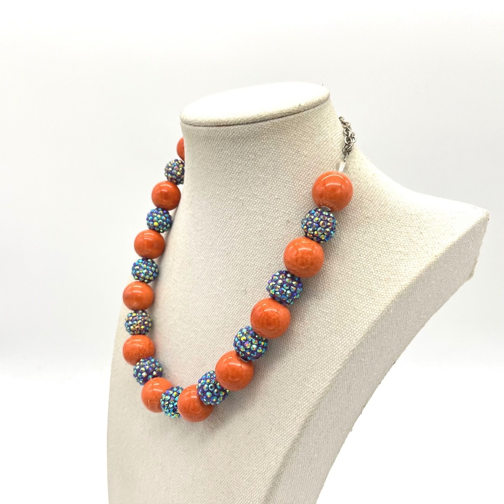 Orange Chunky Bead Necklace Iridescent Blue Pavé Rhinestone Statement 18.5" - Picture 2 of 6